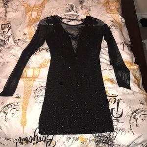 Black v cut sequin open back dress/ sheer sleeves